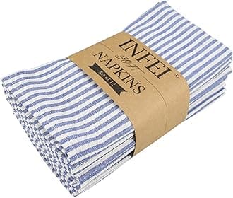 Plain Striped Cotton Linen Blended Dinner Cloth Napkins - Set of 12 (40 x 30 cm) - for Events & Home Use (Blue)