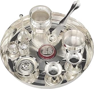 Pooja thali Set Silver Plated with 8 Inch Plate Bowl Agarbatti Stand Palli Kalash Diya Kumkum Holder Coin Puja Thali for Home Mandir Office Wedding Return Diwali Gift Items
