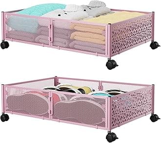 PHINOX Under the Bed Storage Containers with Wheels, Under Bed Storage, Under Bed Shoe Storage Organizer Drawer, Tool-free Assembly Metal Underbed Storage Containers -Pink