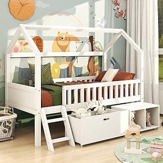 Kids Bed Household, Toddler Bed Frames with Stairs, Drawers and Storage Compartments, Cabin Bed with Anti-Fall Railings, Mid Sleeper Beds for Children and Teens, Single Bed 90 X 190 cm, White
