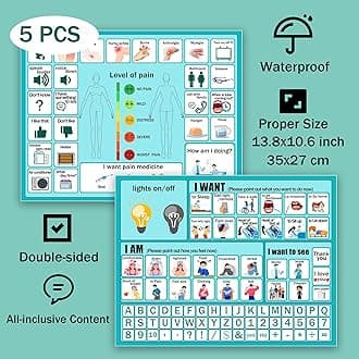 SADIKALO 5Pcs Nonverbal Communication Board Waterproof Aphasia Patient Communication Tools Durable Non Verbal Communication Device Cards for Nonverbal Adults, Kids