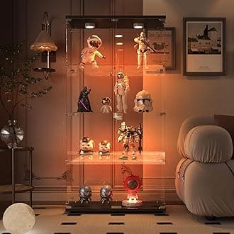 Yoluckea 4 Tiers Glass Display Cabinet with Paipai Light, 2 Doors Floor Standing Curio Cabinet with Adjustable Floor Feet for Home Office Corner Display,Black Glass Bookshelf for Collections and Decor