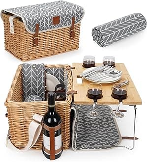 Luxury Picnic Basket, Wicker Picnic Basket Set for 4, Picnic Basket with Blanket & Portable Table for Camping and Outdoor Party - Gray