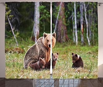 Ambesonne Nature Curtains, Wild Mother Grizzly Bear Protecting Her Babies in Forest Jungle Animal Print, Living Room Bedroom Window Drapes 2 Panel Set, 108" X 90", Fawn
