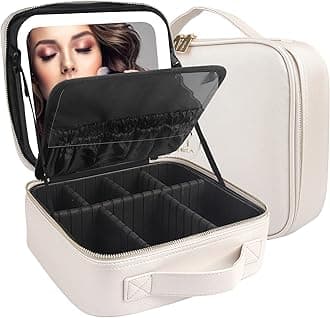 MOMIRA Travel Makeup Bag Cosmetic Bag Makeup Organizer Bag with Lighted Mirror, Adjustable Brightness in 3 Color Scenarios, Waterproof Makeup Train Case, Gift for Women - Khaki