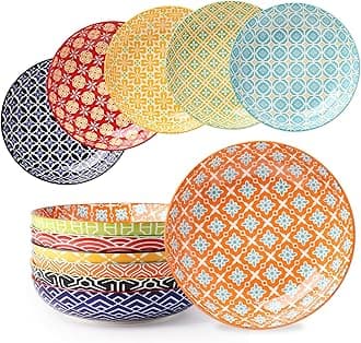 Pasta Bowls Set of 6, 8 Inch Ceramic Salad Bowls, 30 Oz Wide and Shallow Bowl for Kitchen, Serving Dish Plate for Pasta, Salad, Soup, Vibrant Color