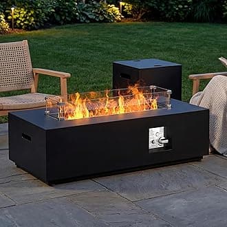 - 42" Rectangular Propane Fire Pit Table 50,000 BTU Fireplace Table with Wind Guard, Lid, Rocks and Cover - Fire Pits & Outdoor Fireplaces - Gas Fire Pits for Outside Patio (Black, 42")