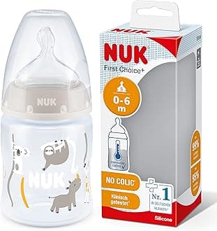 NUK First Choice+ Baby Bottle| 0-6 Months M | Temperature Control | Anti Colic Vent | 150 ml | BPA-Free | Silicone Teat | Safari (Beige)