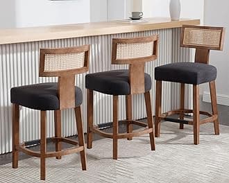 26’’ Rattan Barstools with Back Counter Height Bar Stools Set of 3, Modern Farmhouse Charcoal Linen Upholstered Wicker Counter Stools, Woven Boho Bar Height Stools with Natural Wood Frame