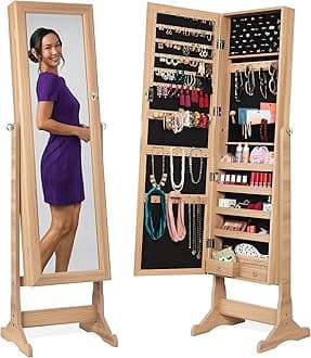 Best Choice Products Freestanding Jewelry Armoire Cabinet, Full Length Standing Mirror, Lockable Makeup Storage Organizer, w/Velvet Lining, 3 Angles, Lock, Accessory Pouch, 5 Shelves - Natural Oak