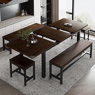 iPormis 5-Piece Dining Table Set for 4-8 People, Extendable Kitchen Table Set with 2 Benches and 2 Square Stools, Modern Dining Room Table with Metal Frame & MDF Board, Saving Space, Espresso