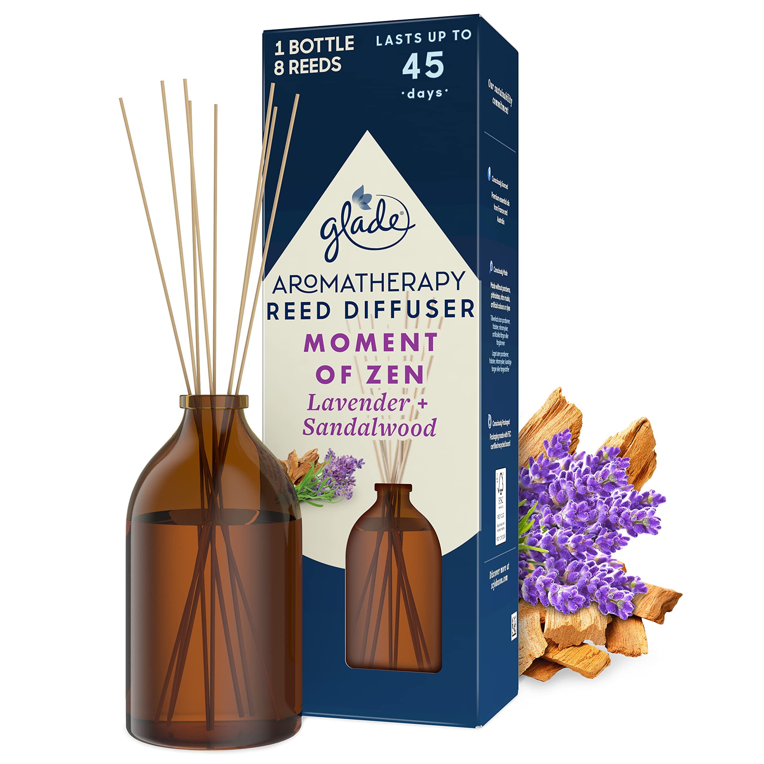 Aromatherapy Reed Diffuser, Home Decor Essential Oils Diffuser Calming Fragrance, Moment of Zen with French Lavender & Australian Sandalwood, 80 ml