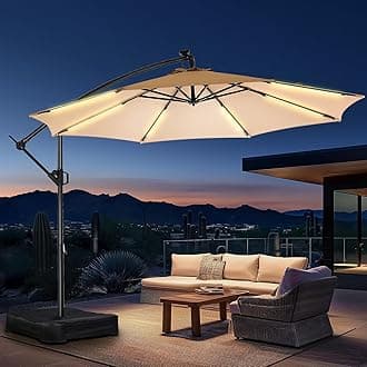HOMSHADE 10 ft Offset Patio Umbrella with Solar Lights, LED Lighted Umbrella Outdoor Patio with Base Included, Heavy Duty Hanging Cantilever Umbrellas for Pool Deck with UV Protection&Easy Tilt, Beige