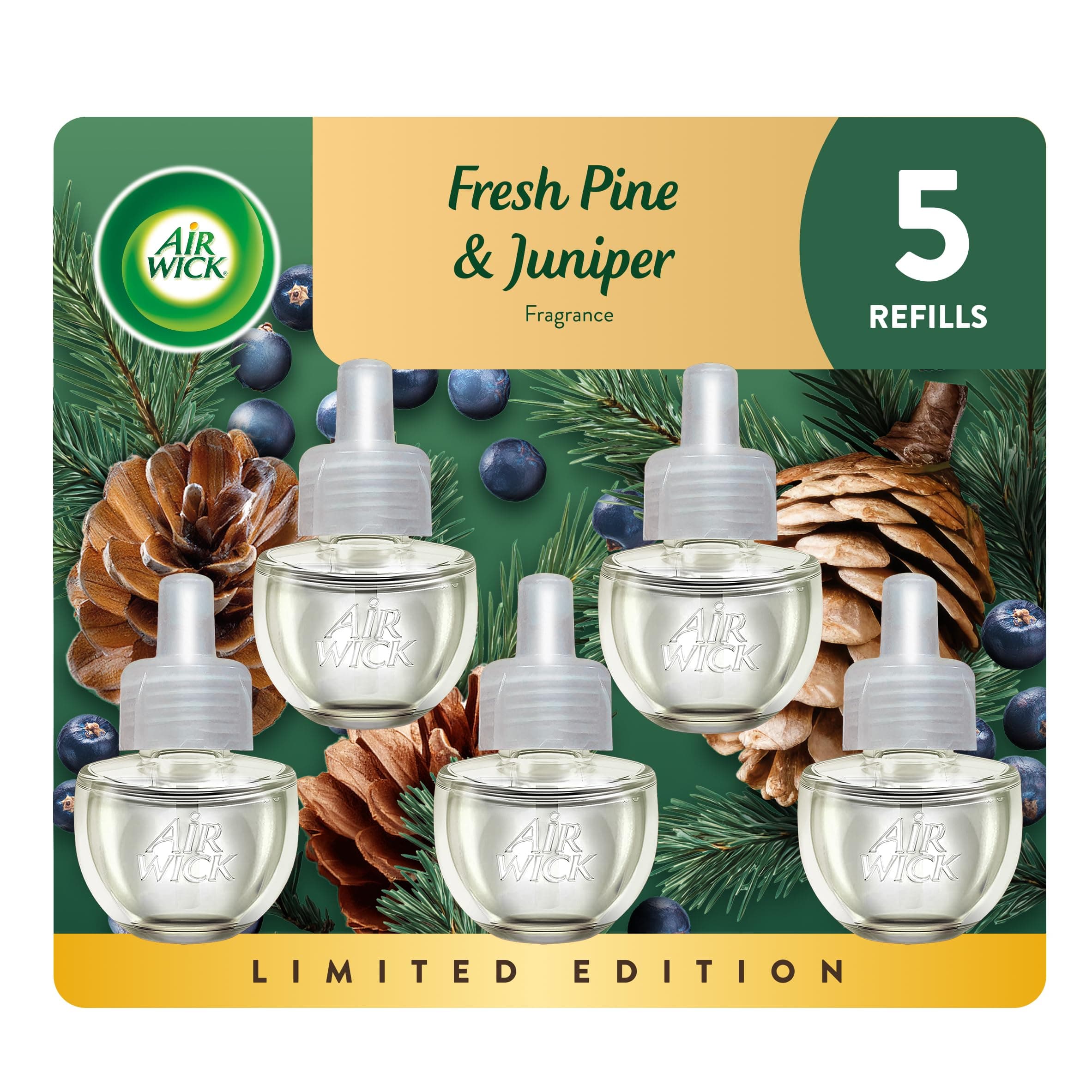 Air Wick Plug-In Scented Oil Refill, 5 Ct, Fresh Pine and Juniper, Air Freshener, Essential Oils, Fall Scent, Fall Décor