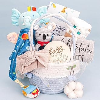Baby Boy Gifts Basket,Baby Shower Gifts for Boys,New Born Baby Boys Gift,Gender Reveal Gifts,Unique Baby Gift Essential Stuff,Rattle Swaddle Blanket Baby Boys Gifts