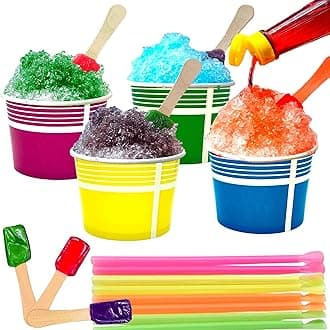 Concession Essentials 140 Piece Multi-Colored Snow Cone/Shaved Ice Kit - Includes 40 (12oz) Yellow, Pink, Green and Blue Cups, 50 Candy Spoons and Neon Straws - Perfect for Birthdays, Festivals