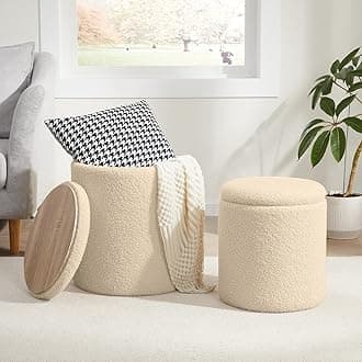 Royal Windsor Boucle Round Ottoman with Storage Set of 2,Small Foot Stool Ottoman for Living Room, Small Coffee Table,Vanity Stool with Storage for Bedroom, Beige