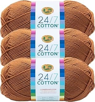Lion Brand 24/7 Lightweight Cotton Yarn for Knitting, Crocheting and Crafts, Camel, Pack of 3
