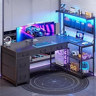 SEDETA L Shaped Gaming Desk, 47.2" Reversible Small Computer Desk with 5 Drawers and Storage Shelves, Corner Gaming Desk with LED Lights and Power Outlet, Black