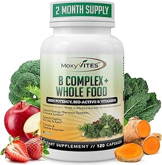 MoxyVites Vitamin B Complex - B Vitamins Whole Food Supplement, B12 Methylcobalamin, B1, B2, B3, B5, B6, B7, B9 - for Stress, Energy and Immune Support, Vegan, 120 Capsules