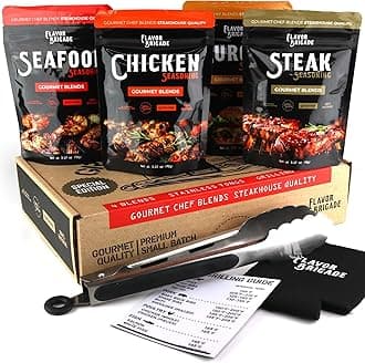 Flavor Brigade Gourmet Grilling Spices Gift Set for Guys, Dad, Men, BBQ Grill Accesories, Smoker, Seasonings, Rub, Steak, Burgers, Chicken, Fish & Stainless Tongs (4 Bags, 7 Piece Set)