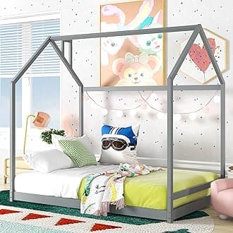 BellemaveKids Montessori Floor Bed,Full Size House Bed with Fence,Wooden Floor Bed for Kids,Full Bed Frame for Girls,Boys(Full,Gray)