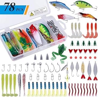78Pcs Freshwater Fishing Lures Baits Tackle Kit, Fishing Accessories with Spoon Lures, Crankbait, Soft Plastic Worms, Spinnerbaits, Jigs, Fishing Hooks, Topwater lures for Bass, Trout, Salmon