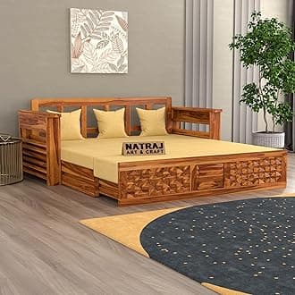 NATRAJ ART & CRAFT Solid Sheesham Wooden Sofa Cums Bed with Mattress for Living Room | Rosewood 3 Seater Sofa Cums Bed for Bedroom Without Pillow (Natural,Florex, 3 Seater)