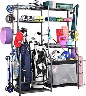 PLKOW Golf Storage Ball Rack Garage Organizer, 2 Golf Bag Organizer and Other Sports Equipment Organizer for Garage, Extra Large Size Sports Storage Rack for Garage