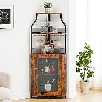 GarveeHome Corner Wine Cabinet with Detachable Wine Rack, 5-Tier Industrial Corner Bar Cabinet with Barn Door and Glass Holder, Farmhouse Buffet Cabinet and Home Bar, Rustic Brown