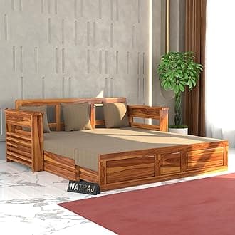 NATRAJ ART & CRAFT Solid Sheesham Wooden Sofa Cums Bed with Mattress for Living Room | Rosewood 3 Seater Sofa Cums Bed for Bedroom Without Pillow (Natural,Corsin, 3 Seater)