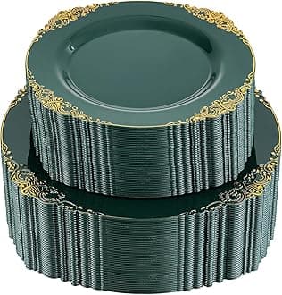 102PCS Green Plastic Plates - Green and Gold Plates - Fancy Heavy Duty Disposable Plate - Heavyweight Dinner & Dessert Plate for 51 Guests for Spring Party & Wedding