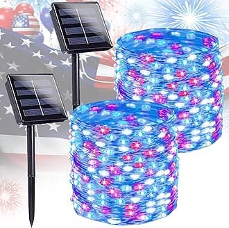4th of July Decorations Solar String Lights 2Pack 400LED Independence Day Lights for Outside, Red White and Blue Solar Light Waterproof, Copper Wire 8 Modes Twinkle Light for Memorial Day National Day