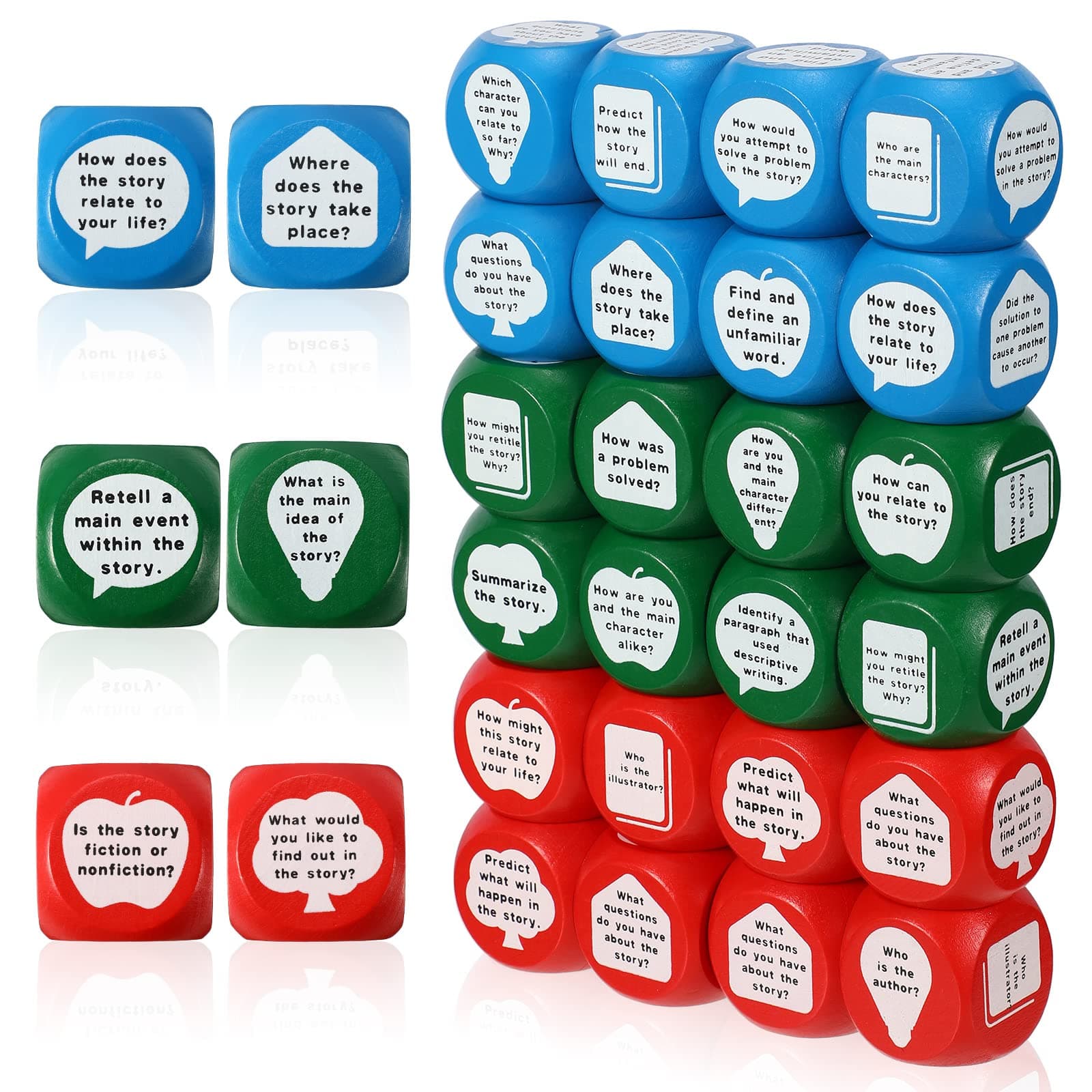 CHENGU Reading Comprehension Cubes 3 Colored Language Reading Manipulatives Learning Cube Question Dice Tools for Elementary School Classroom Kids Teacher Teaching Supplies (24)
