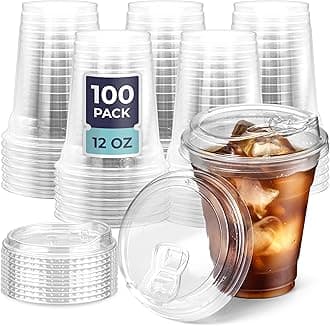 Fit Meal Prep 100 Pack 12 oz Clear Plastic Cups with Strawless Sip Lids, Disposable Plastic Coffee Cups with Lids, To Go Cups for Iced Coffee, Smoothies, Soda, Party Drinks, Bubble Tea, Cold Beverage