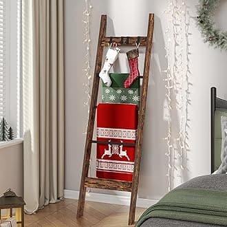 Hzuaneri Blanket Ladder Shelf for Living Room, Decorative Wood Quilt Rack with 4 Removable Hooks, 5-Tier Farmhouse Ladder Holder Organizer for Bedroom, Rustic Brown 02101BBR