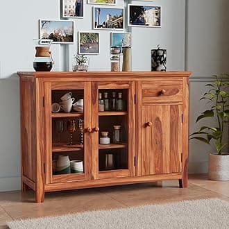 - Solid Sheesham Wood Sideboard Cabinet for Living Room | Crockery Cabinet with 2 Acrylic Glass Door | Kitchen Display Unit | 2 Acrylic Glass Doors, 1 Door Cabinet & 1 Drawer |Honey