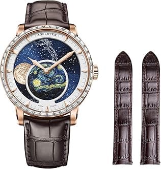 Luxury Automatic Mechanical Watch, Original Men Watch with 3D Starry Sky Moon Phase Watch Dial Skeleton Leather Men's Wrist Watch