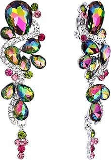 – Bohemian Teardrop Cluster Crystal Diamante Clip-On Long Drop Dangle Chandelier Earrings, Statement Earrings for Costume, Wedding Bridal Jewellery for Brides
