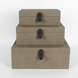 Elegant Set of 3 Green Shagreen Decorative Boxes with Velvet Lining and Brown Handles - Versatile Home Decor and Jewelry Organizer