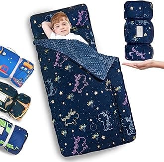 Primlect Thickened Toddler Nap Mat with Removable Pillow and Minky Blanket, Extra Large 55''x35'' Sleeping Bag, Washable, Roll up, Perfect for Daycare, Preschool, Kindergarten, Boys and Girls