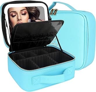 MOMIRA Travel Makeup Bag Cosmetic Bag Makeup Organizer Bag with Lighted Mirror, Adjustable Brightness in 3 Color Scenarios, Waterproof Makeup Train Case, Gift for Women - Diamond Blue