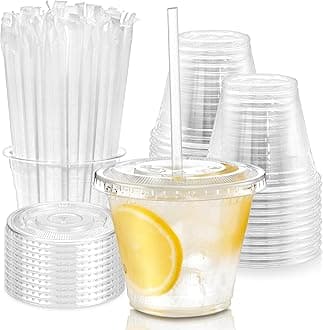 Fit Meal Prep 600 Pack 9 oz Plastic Iced Coffee Cups with Flat Lids and Clear Straws, Disposable Clear Cup, BPA Free Cup for Party, Smoothie, Cold Drinks, Juice, Milkshake, Bubble Boba, Tea