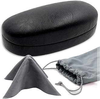 Hard Sunglasses Case with drawstring pouch & cloth | for Medium to Large frames | for Men & Women | Metal Clam-shell | (AS113 Black and Pouch)