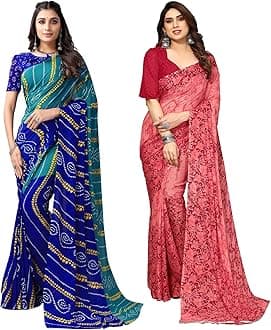 SIRIL Women's Georgette Printed Saree With Unstitched Blouse Piece Combo Pack Of 2