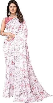 Hikyskin Yashika Women's Trendy Printed Georgette Red Color Saree with Blouse Material