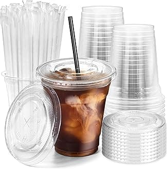 Fit Meal Prep 100 Pack 12 oz Plastic Iced Coffee Cups with Flat Lids and Black Straws, Disposable Clear Cup, BPA Free Cup for Party, Smoothie, Cold Drinks, Juice, Milkshake, Bubble Boba, Tea