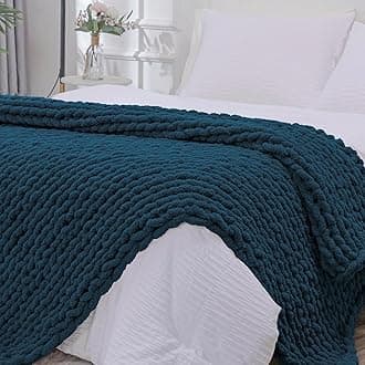 Bigacogo Chunky Knit Blanket Throw 40"x80", 100% Hand Knitted Chenille Throw Blanket, Big Soft Thick Yarn Cable Knit Blanket, Large Rope Knot Crochet Throw Blankets for Couch Bed Sofa (Deep Sea Blue)
