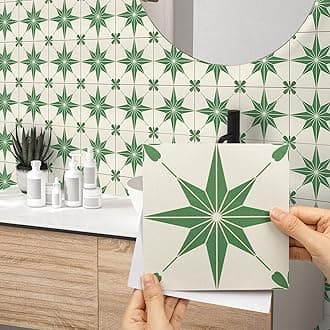 Hode 24 Pieces Green Stick on Tiles, 15x15cm Green Stars Tile Stickers for Kitchen Bathroom, Vinyl Wrap for Wall, Self Adhesive Decal Waterproof（Matt）