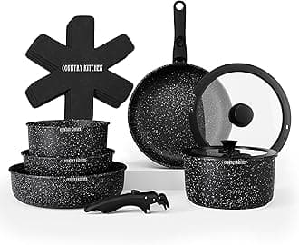 Country Kitchen 13 Piece Pots and Pans Set - Nonstick Cookware Set Detachable Handle, Non Stick Kitchen Cookware Sets with Removable Handle, RV Cookware Set, Dishwasher/Oven Safe (Black)
